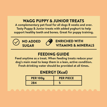 Nutritional information and feeding guide for Wagg Puppy & Junior Treats - Chicken & Yoghurt Meaty Bites