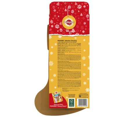 Pedigree dog food packaging shaped like a stocking with red and yellow design.