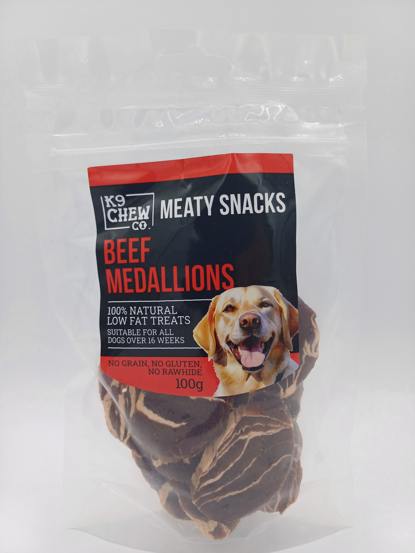 K9 Chew Co beef medallions dog treat package on a white background