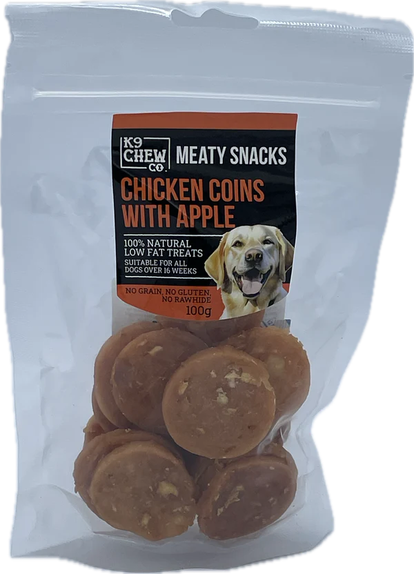 Package of K9 Co. Meaty Snacks Chicken Coins with Apple for dogs, showing chicken coins and a dog on the packaging.