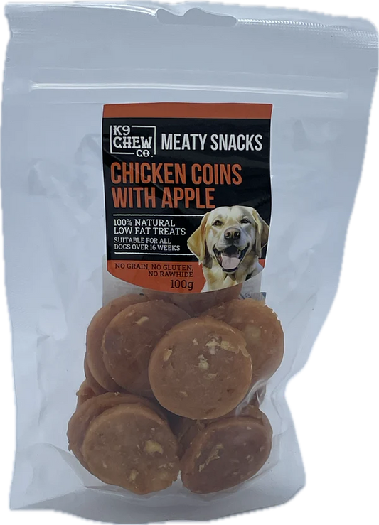 Package of K9 Co. Meaty Snacks Chicken Coins with Apple for dogs, showing chicken coins and a dog on the packaging.