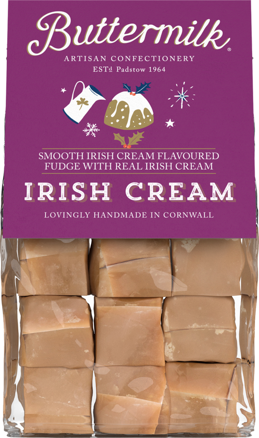 Pack of Buttermilk Irish Cream fudge with a purple packaging label.