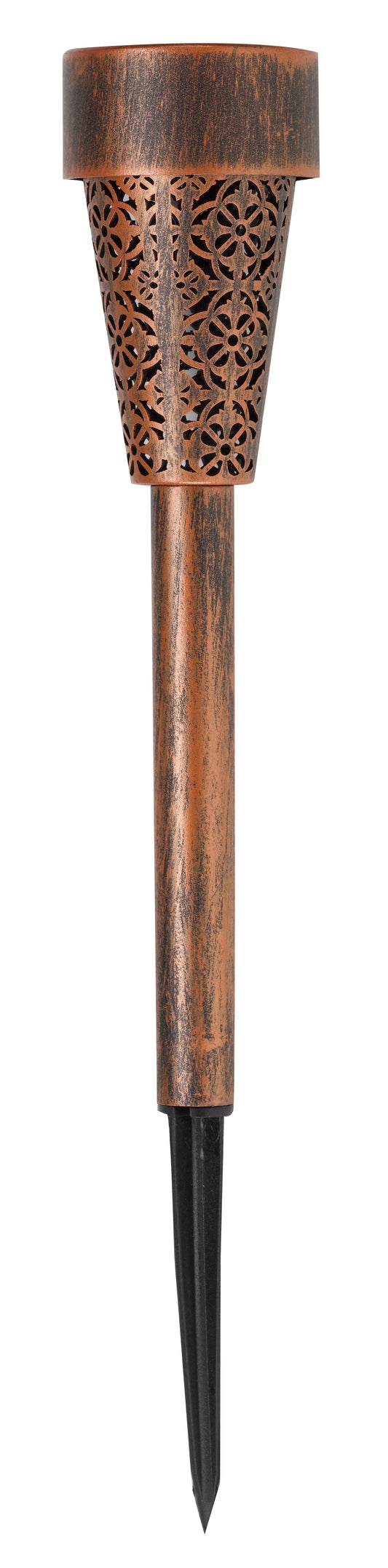 Decorative outdoor torch with intricate design on a white background