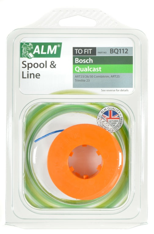 Packaged spool and line for Bosch Qualcast reel with ALM branding.