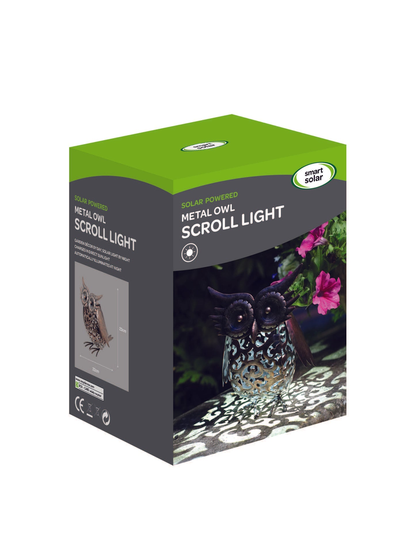 Box packaging of a metal owl scroll light with green lid and product image on a white background