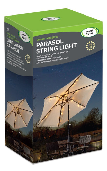 Box of smart solar parasol string light with umbrella and outdoor setting on packaging