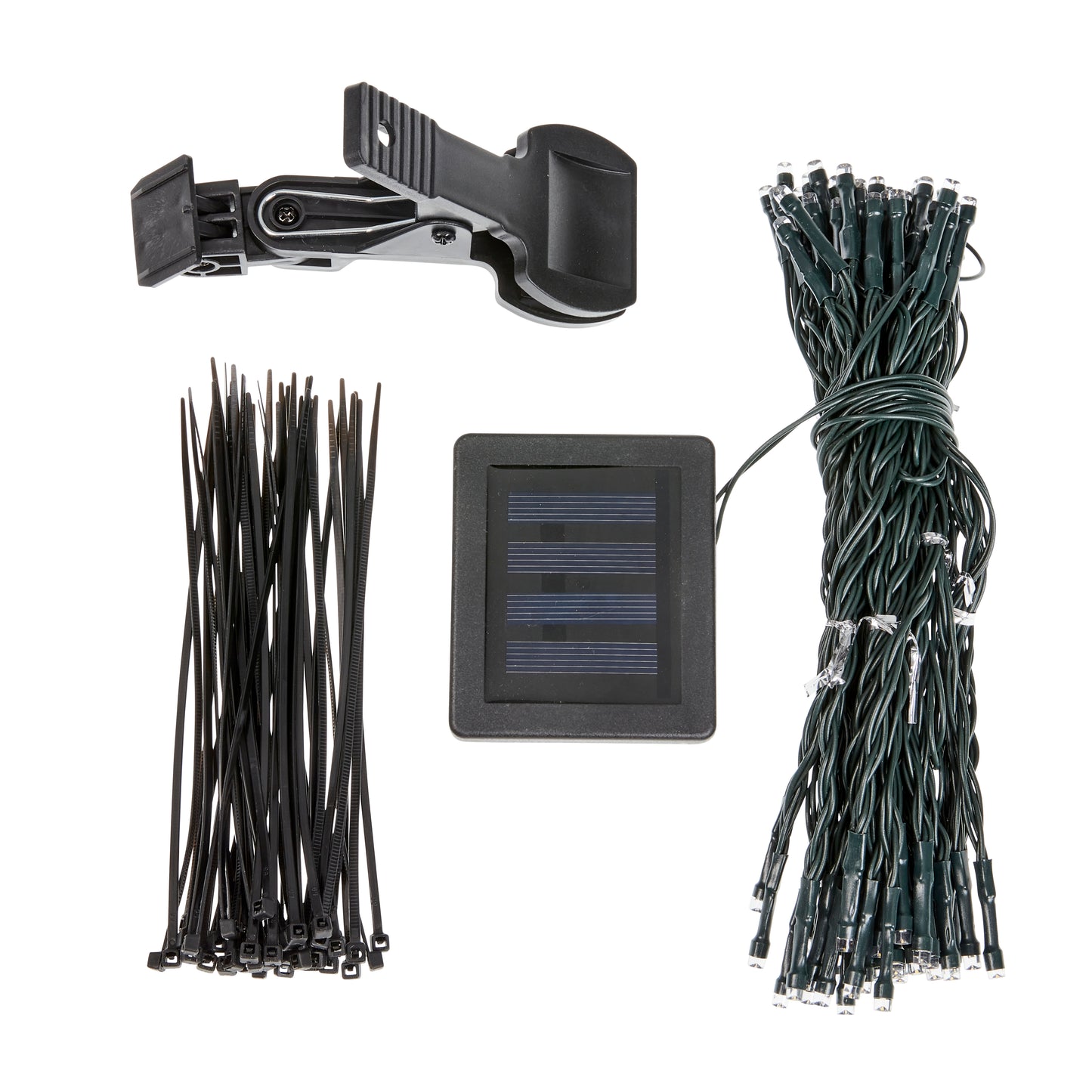 Solar light kit with solar panel, cable ties, and LED lights on a white background
