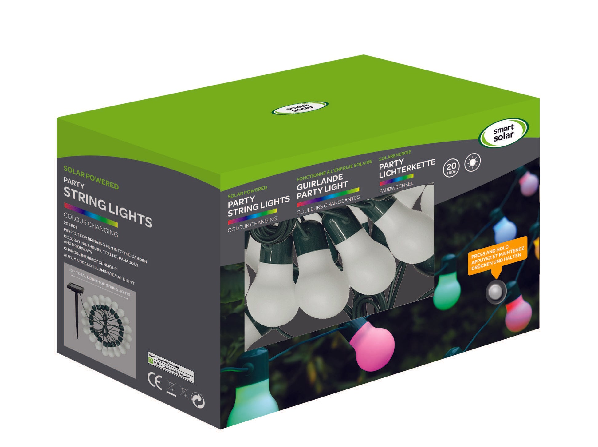 Box of party string lights with green lid and black sides, featuring images of light bulbs.