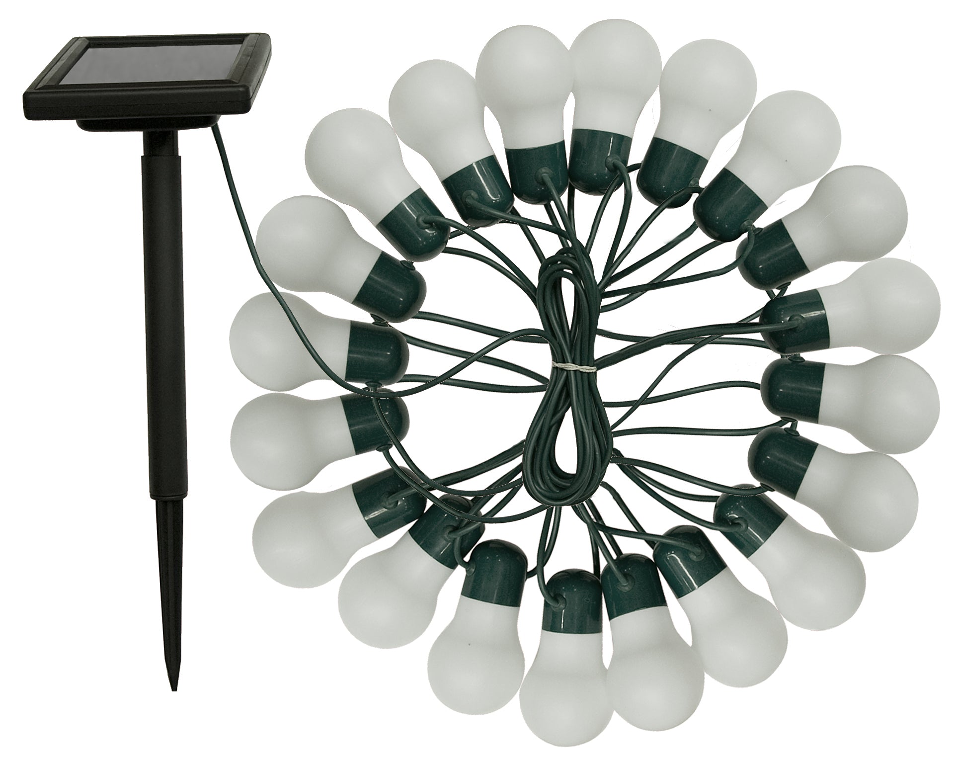 Solar-powered string lights with white bulbs and green connectors on a white background