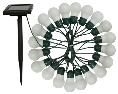 Solar-powered string lights with white bulbs and green connectors on a white background