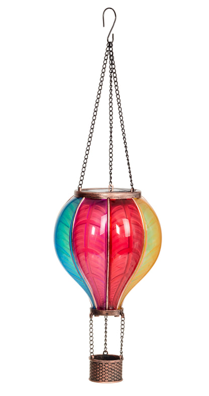 Colorful hanging glass lantern shaped like a hot air balloon on a white background