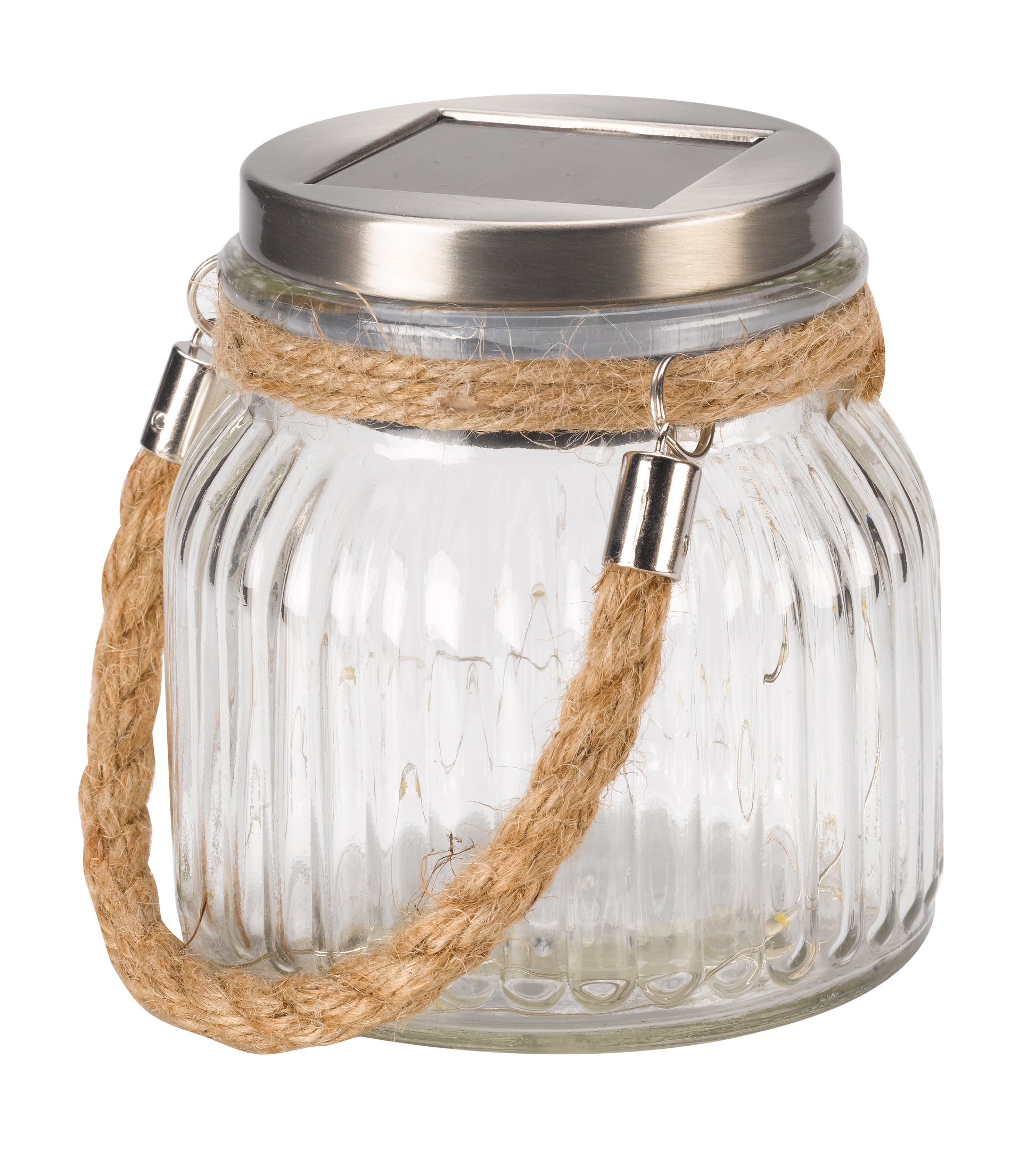 Glass jar with solar light on a white background