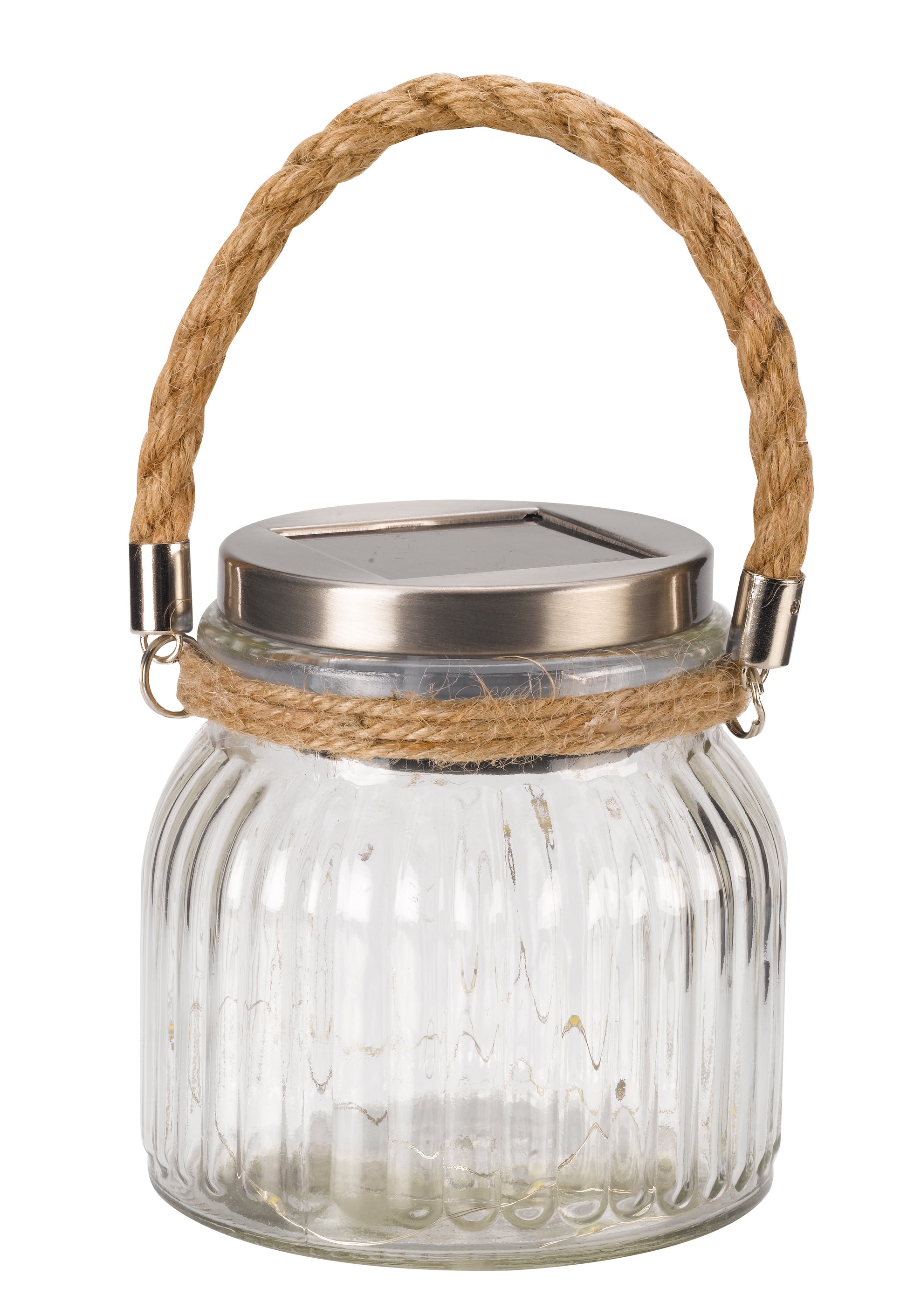 Glass lantern with solar light and rope handle on a white background