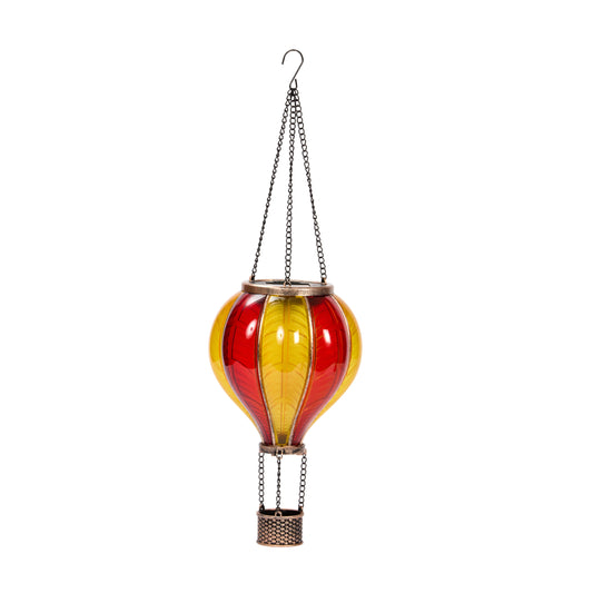 Colorful glass hot air balloon hanging ornament on a white background