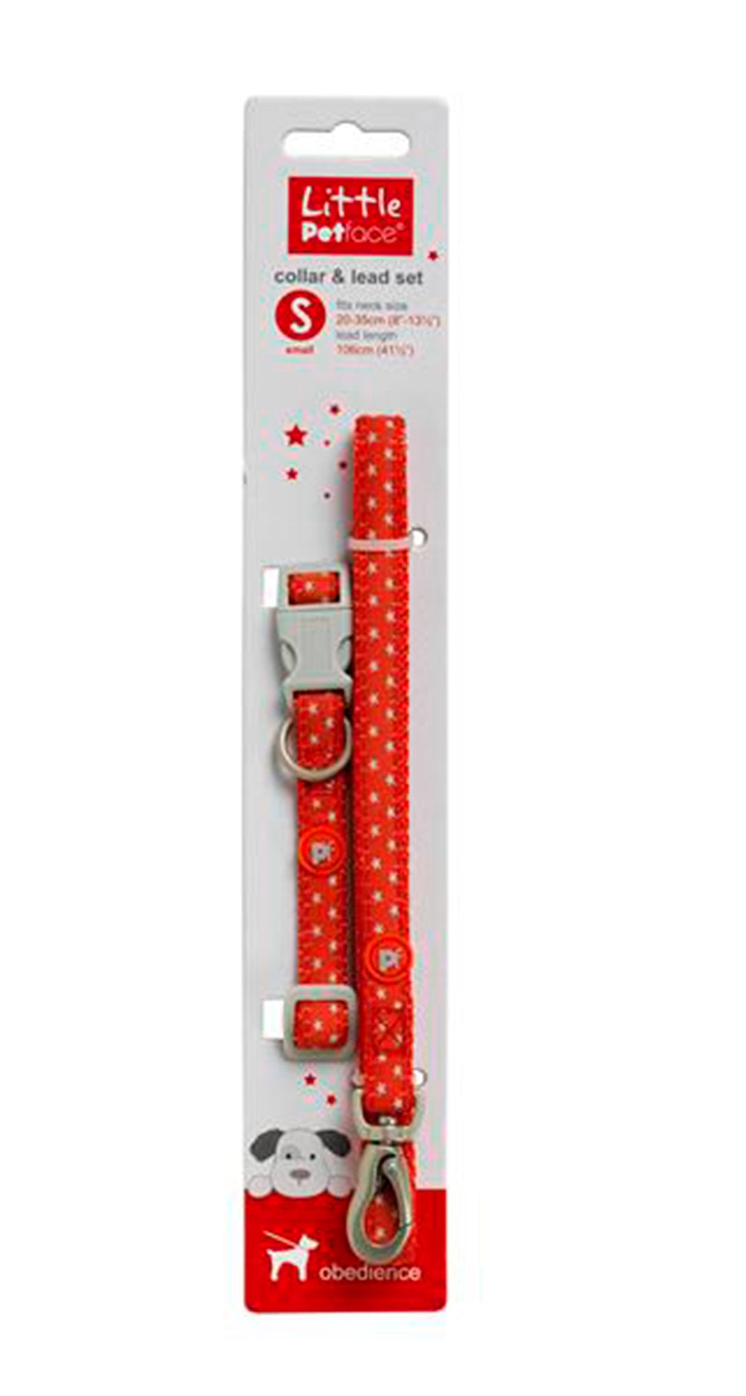 Red polka dot dog collar and lead set on a white background
