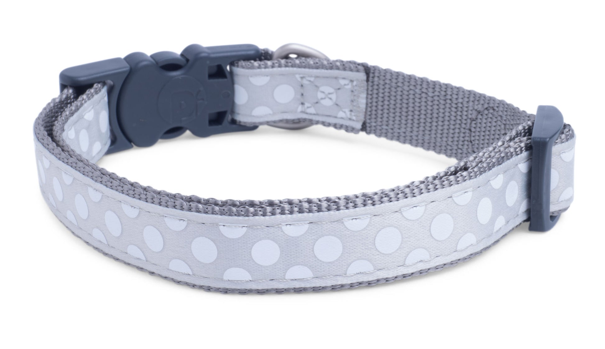 Gray dog collar with white polka dots on a white background