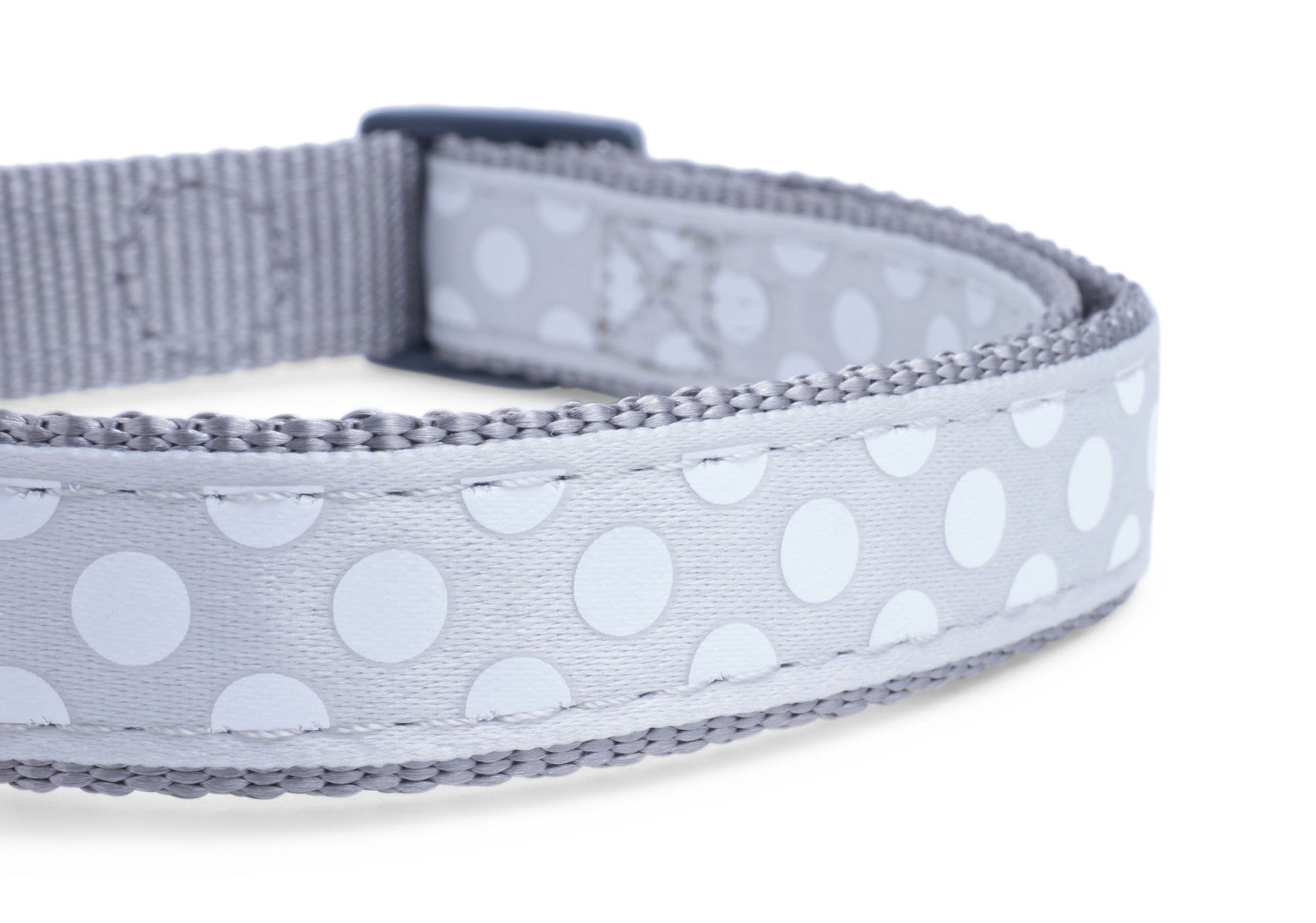 Gray dog collar with white polka dots on a white background