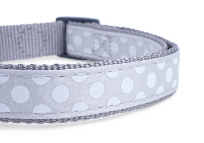 Gray dog collar with white polka dots on a white background