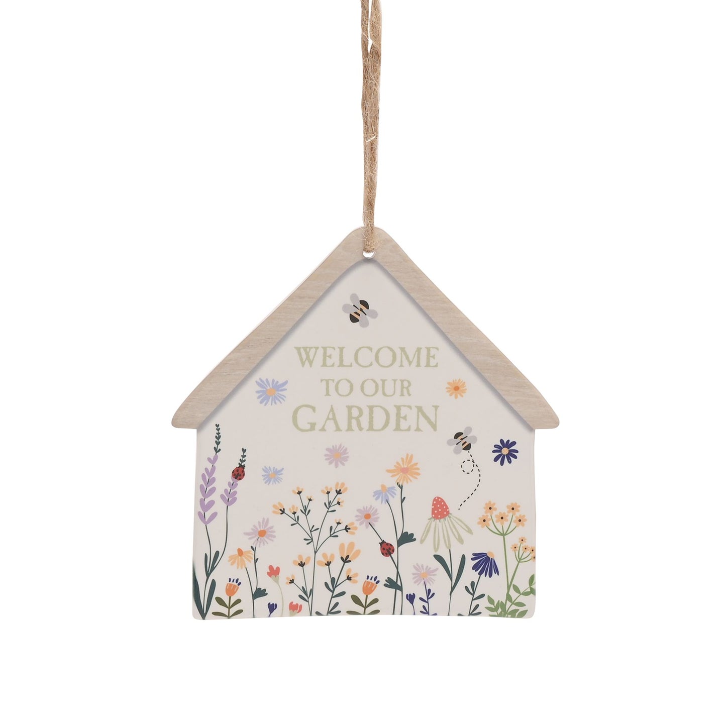 Decorative hanging birdhouse with floral designs and 'Welcome to our Garden' text on a white background.