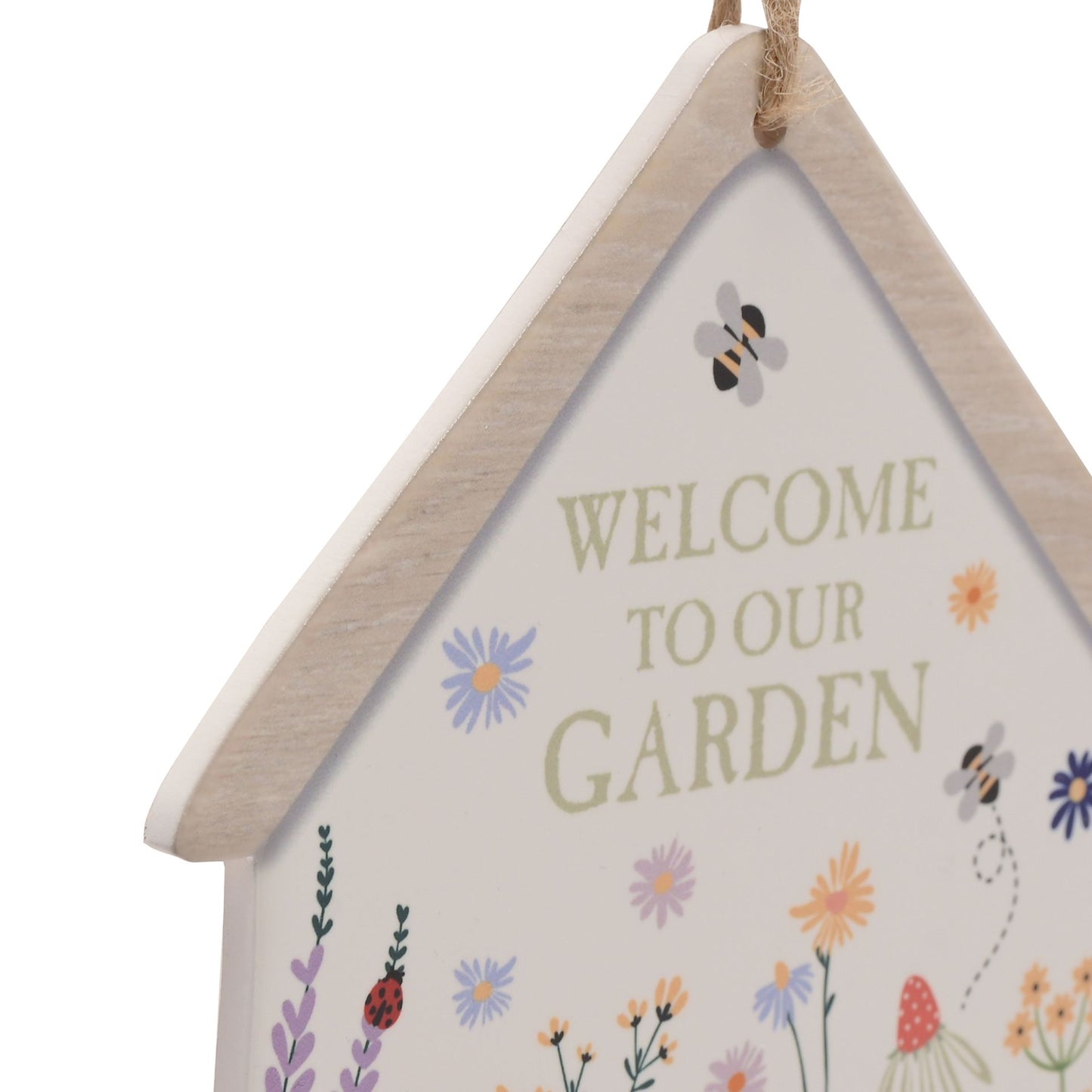 Decorative sign with 'Welcome to our Garden' text and floral designs on a white background
