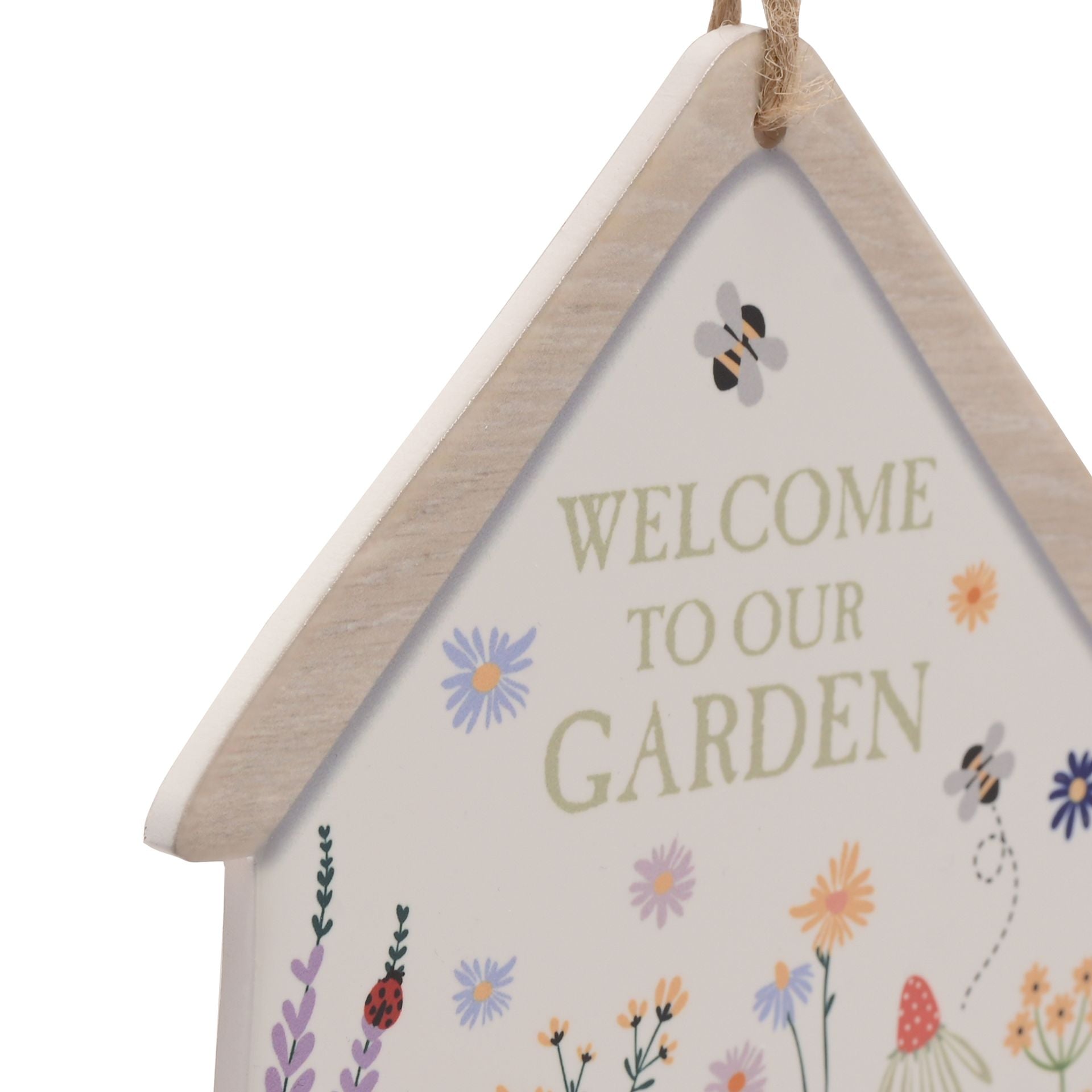 Decorative sign with 'Welcome to our Garden' text and floral designs on a white background