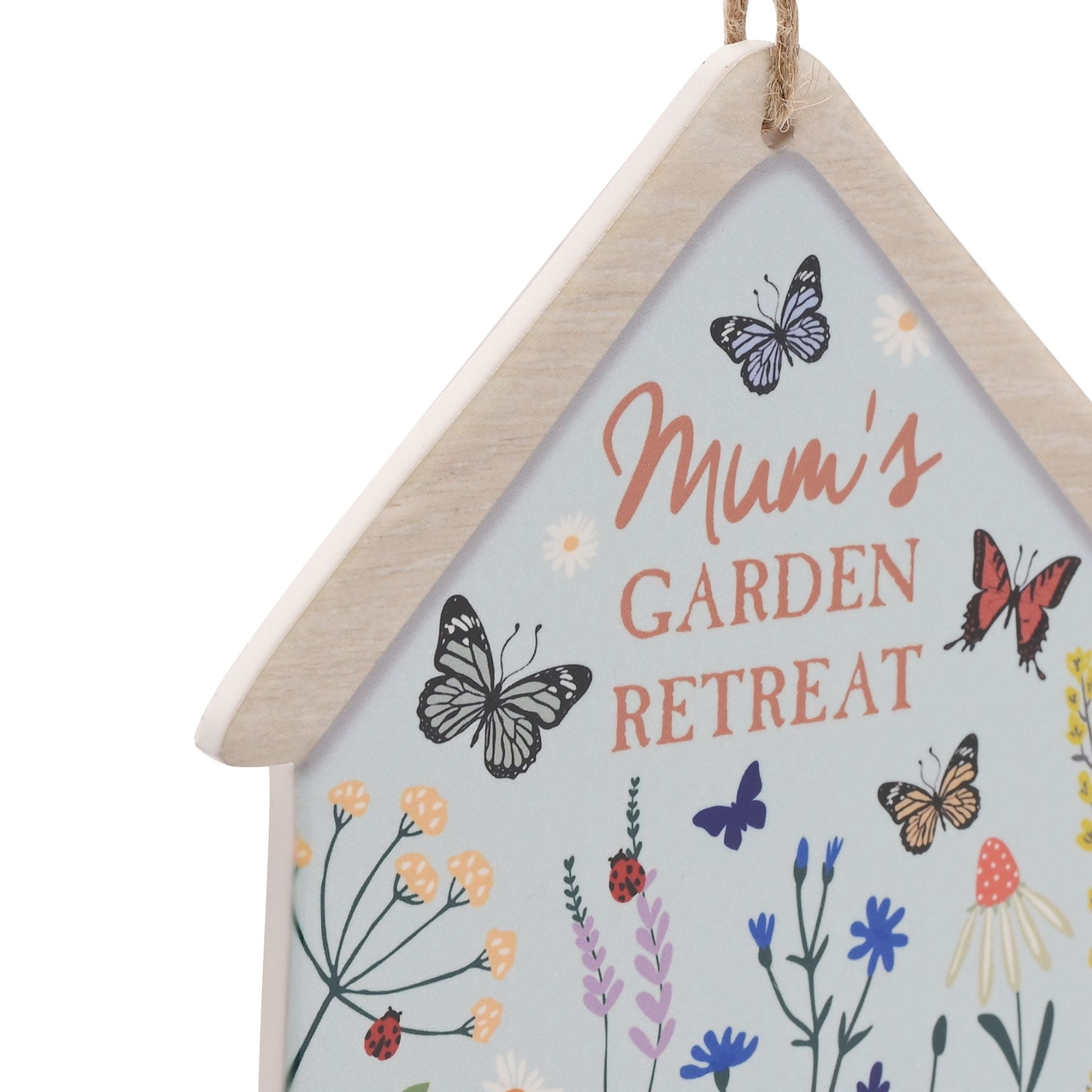Decorative sign with 'Mum's Garden Retreat' text and butterfly illustrations on a white background
