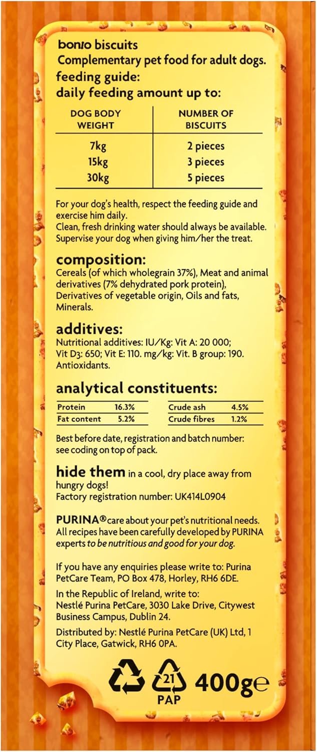 Ingredient list and feeding guide for Bonio Meaty Chip Bitesize 400g