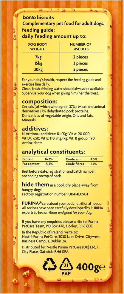 Ingredient list and feeding guide for Bonio Meaty Chip Bitesize 400g