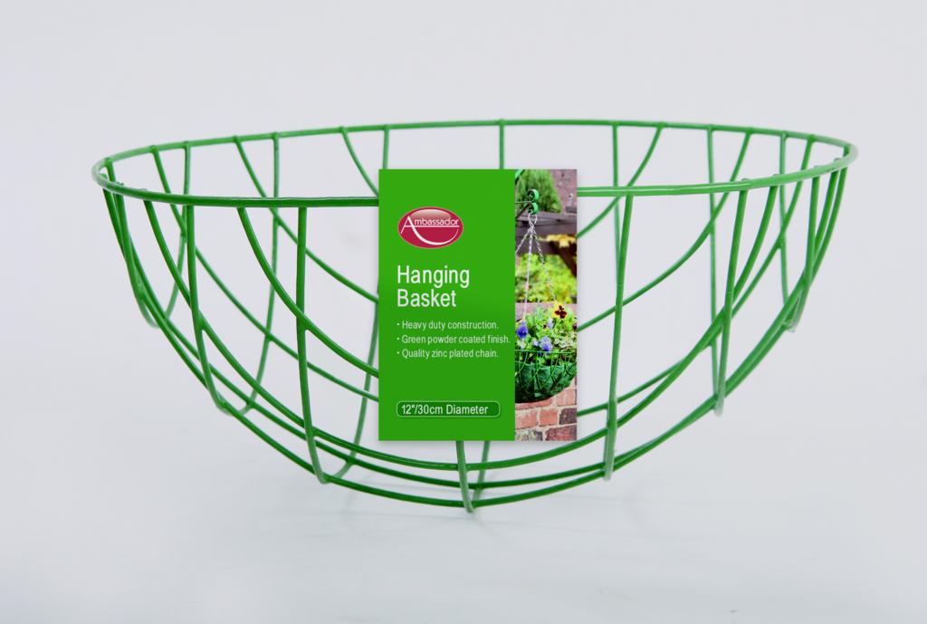 Ambassador 12 inch 30cm wire hanging basket | Green powder coated heavy duty garden planter | UK summer flower baskets