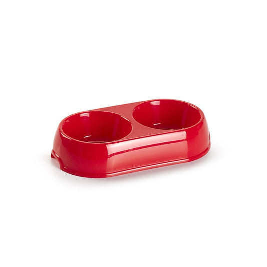 Red double-dish pet feeder on a white background