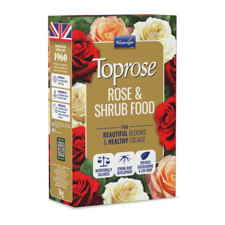 Toprose Rose & Shrub Food packaging with roses on a white background