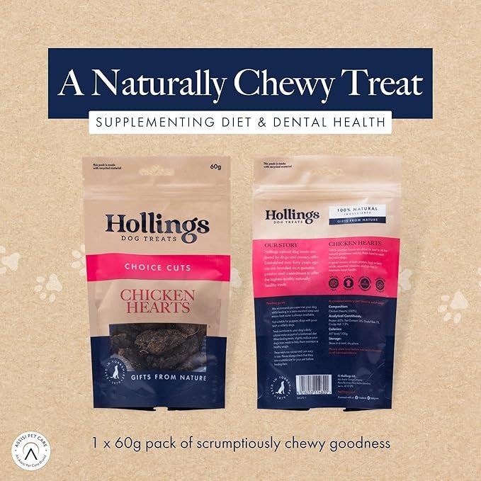 Hollings 100% Natural Chicken Hearts 60g showing front and back of packaging, on a sandy background