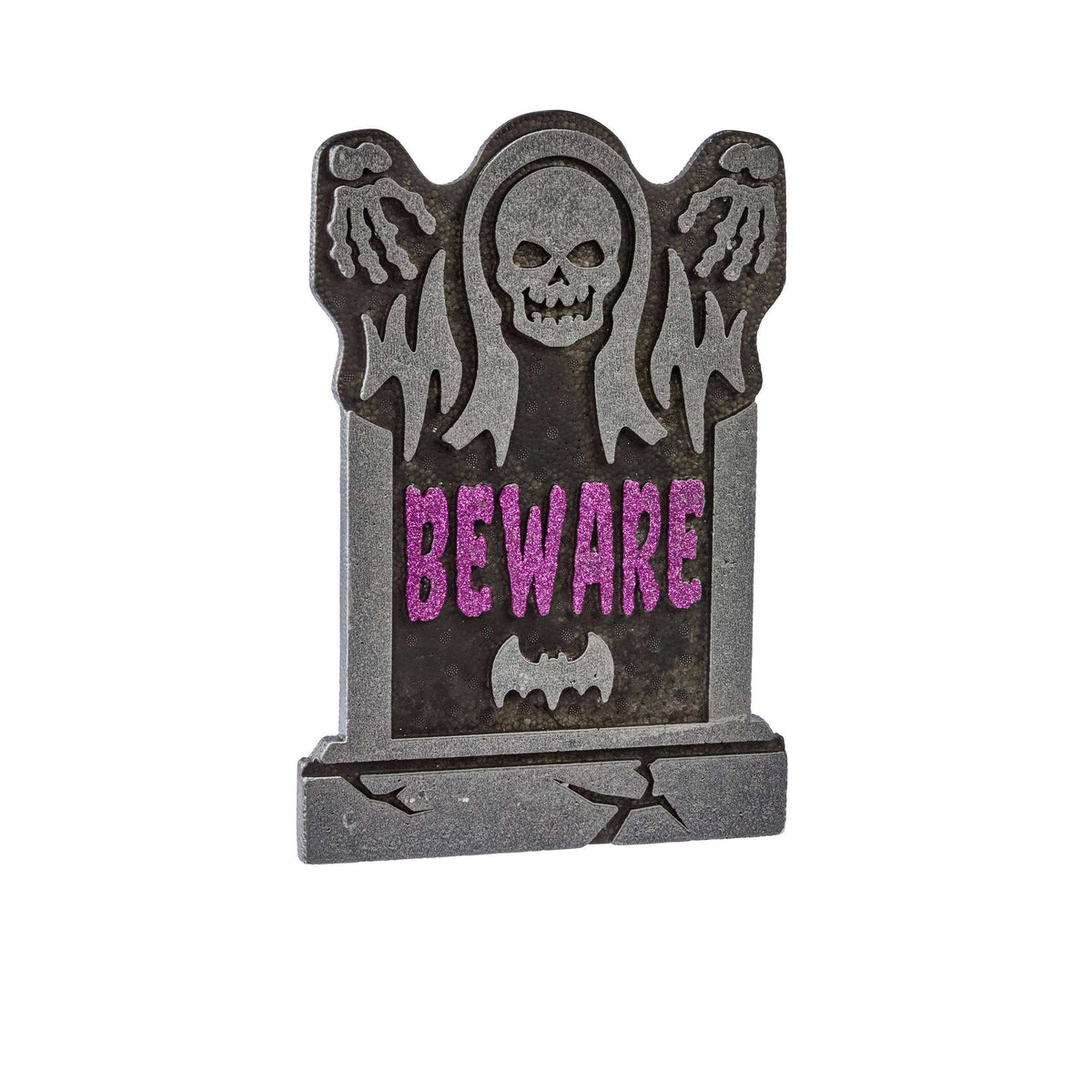 A Halloween tombstone decoration featuring a gray skull with wings, ghostly hands, and the word 'BEWARE' in pink glittery letters on a white background.