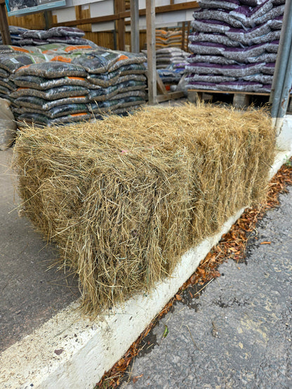 Hay bale on a street with stacked bags in the background