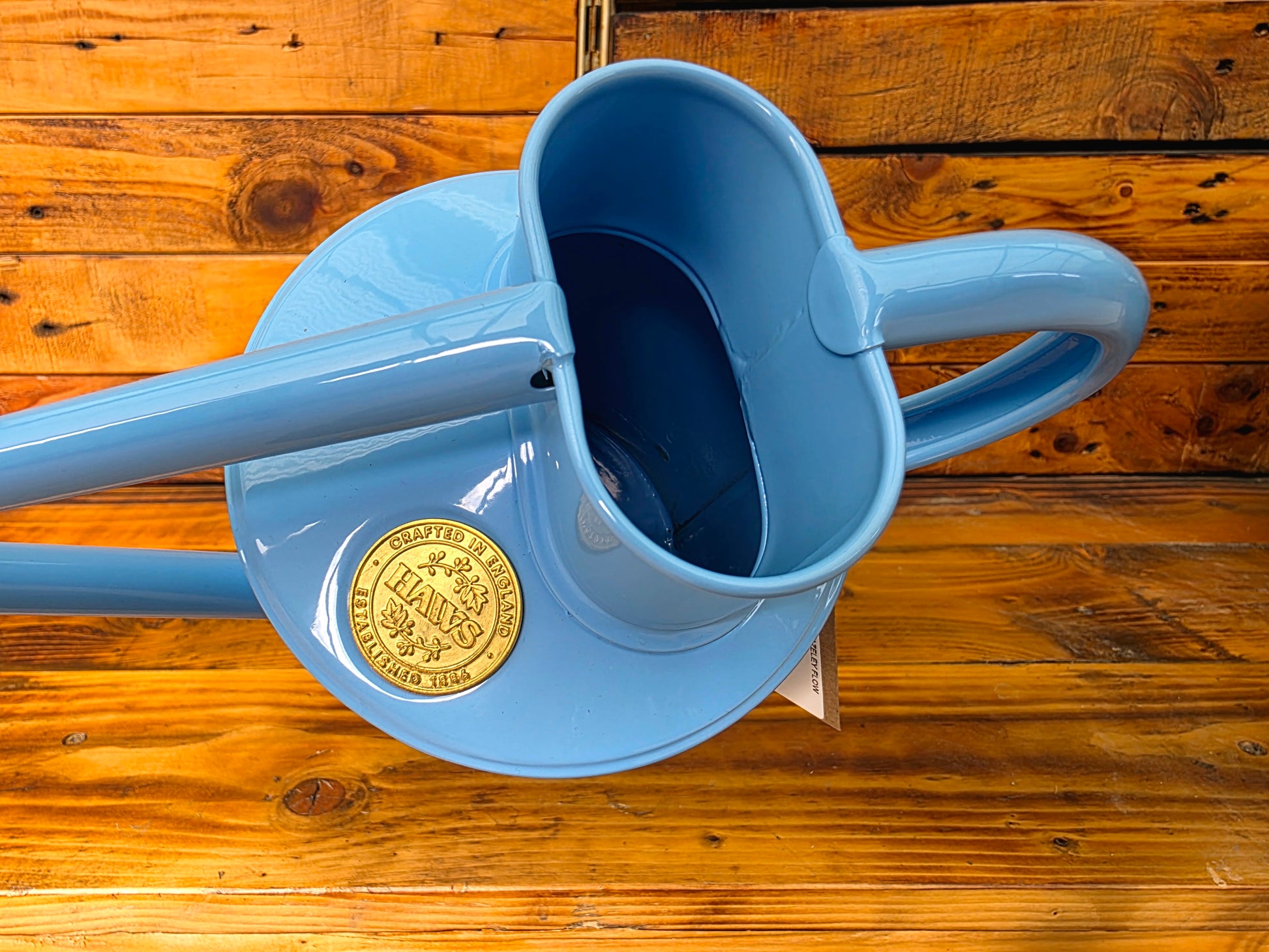 Blue watering can with a gold emblem on a wooden surface