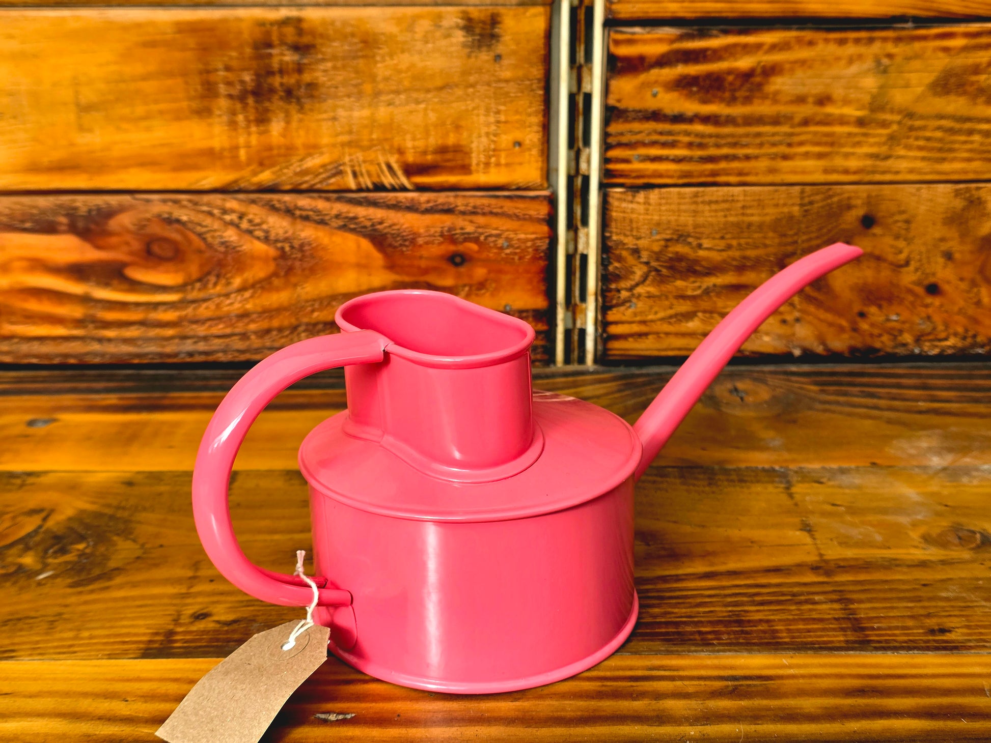 Pink watering can with a gold emblem on a wooden surface