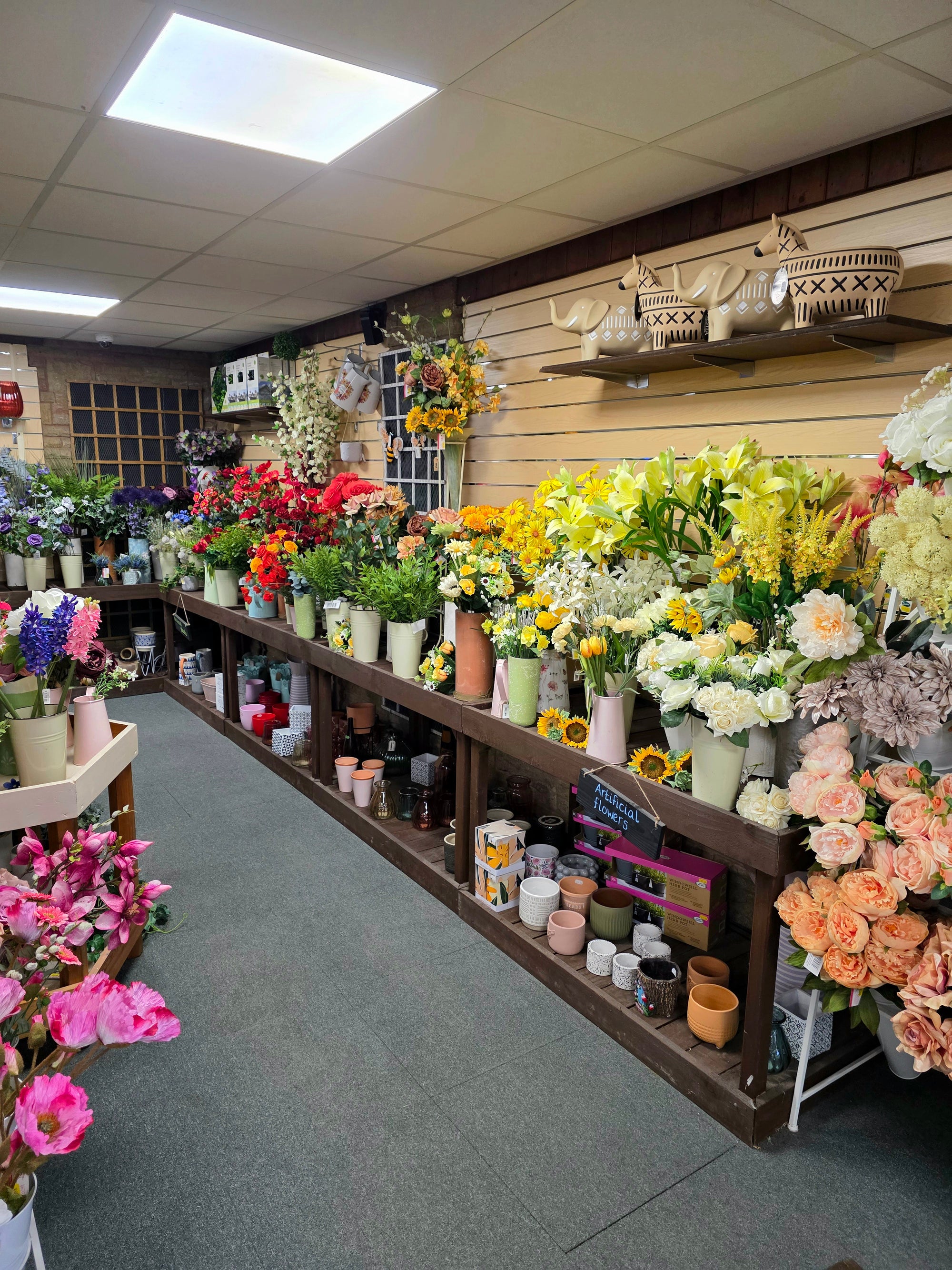 Floral shop with a variety of flowers displayed on shelves and tables.
