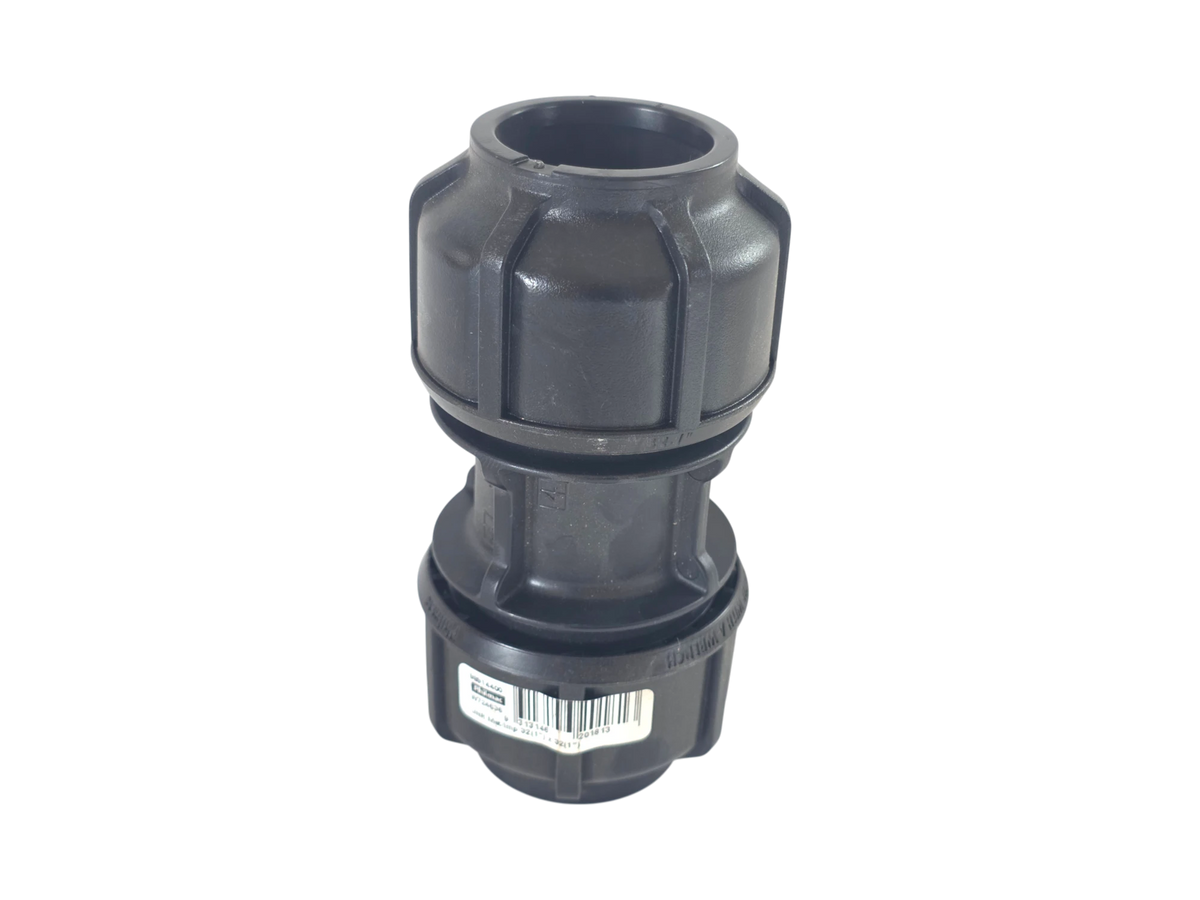 A black plastic plumbing fitting or connector with a ribbed top and a barcode label on the lower section, shown against a plain white background.