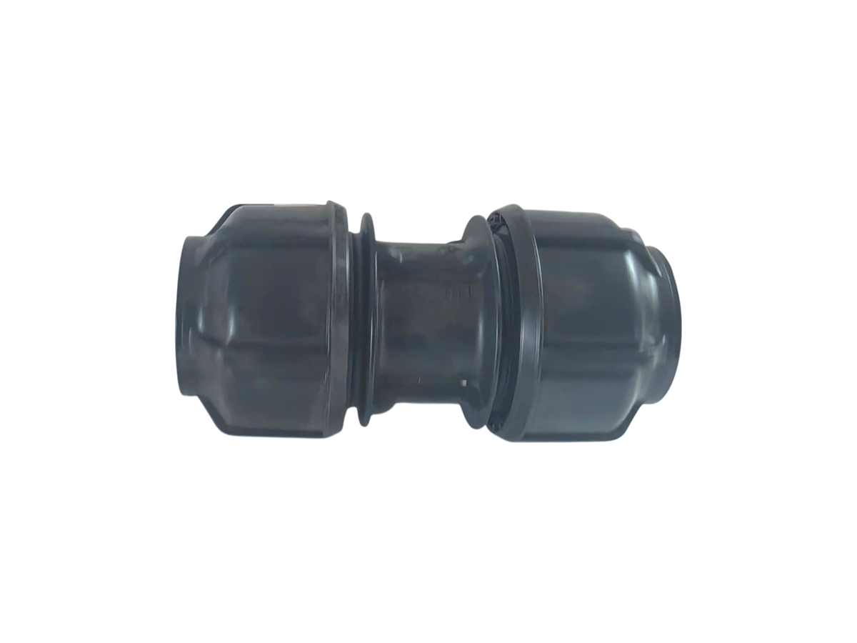 A black plastic cylindrical connector fitting with a flanged end and a ribbed center section, isolated on a white background.