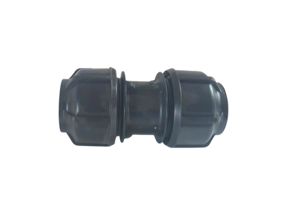 A black plastic cylindrical connector fitting with a flanged end and a ribbed center section, isolated on a white background.