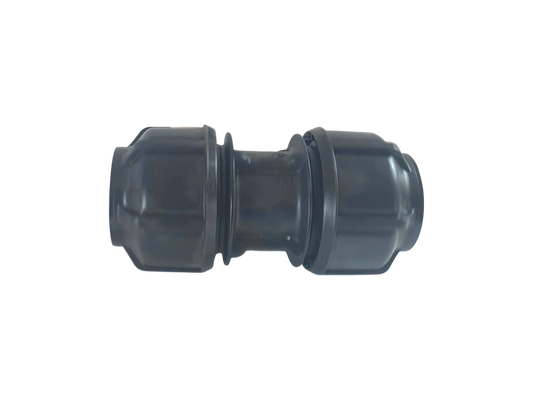 A black plastic cylindrical connector fitting with a flanged end and a ribbed center section, isolated on a white background.