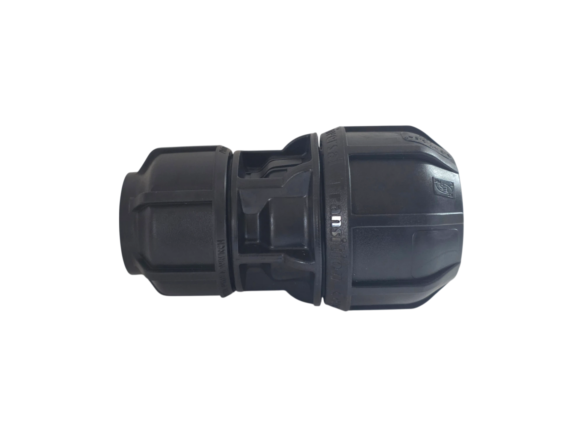 A black plastic outdoor faucet shower head spout with a textured, ribbed design, shown against a plain white background.