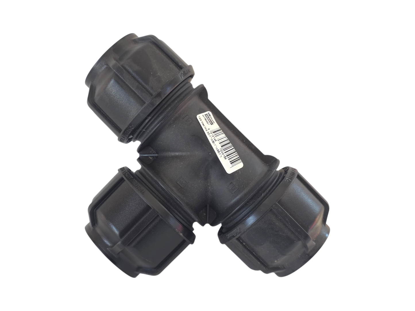 A black plastic T-joint pipe connector with three threaded ends, featuring a white barcode label on one side, isolated on a white background.
