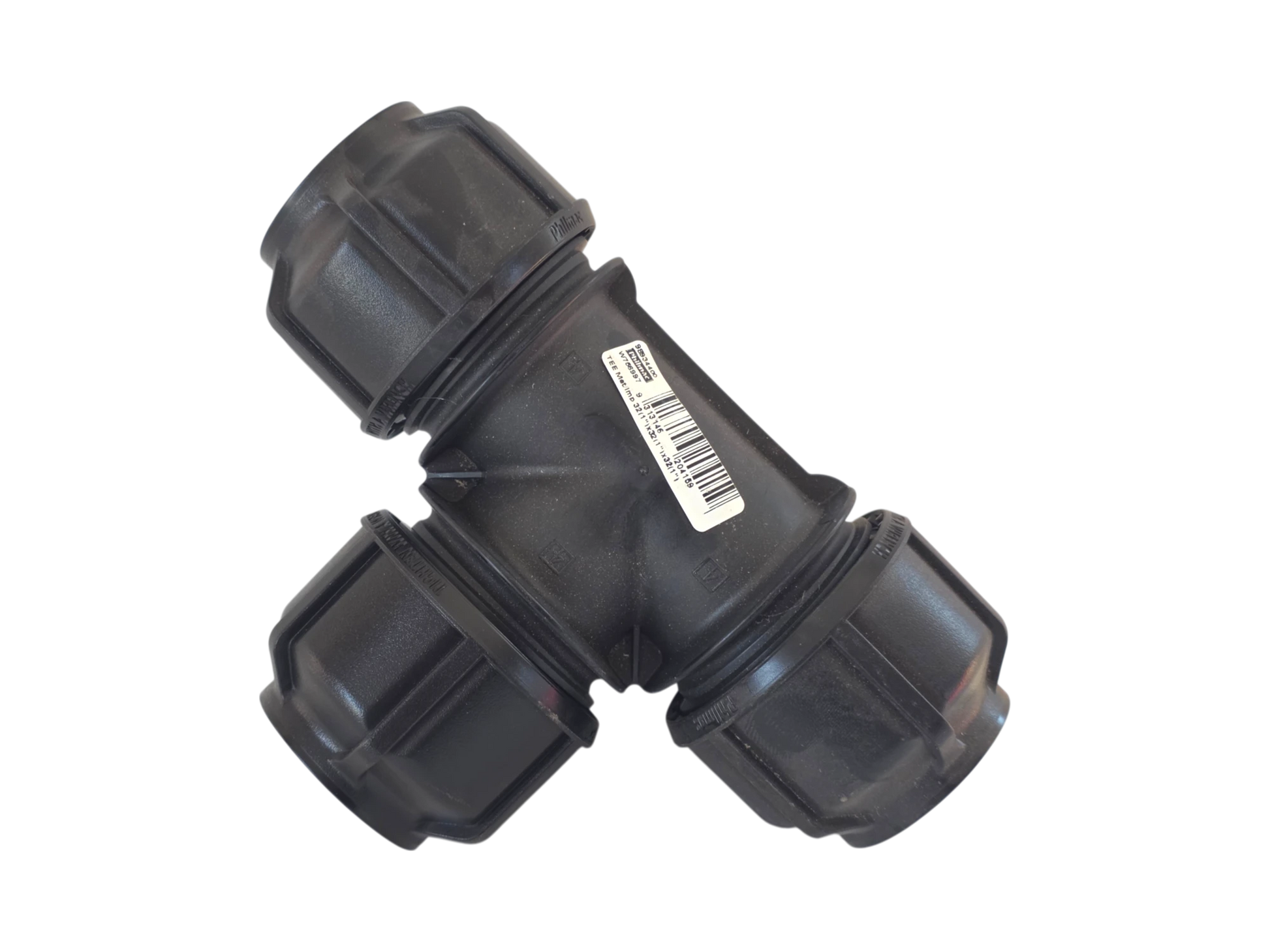 A black plastic T-joint pipe connector with three threaded ends, featuring a white barcode label on one side, isolated on a white background.