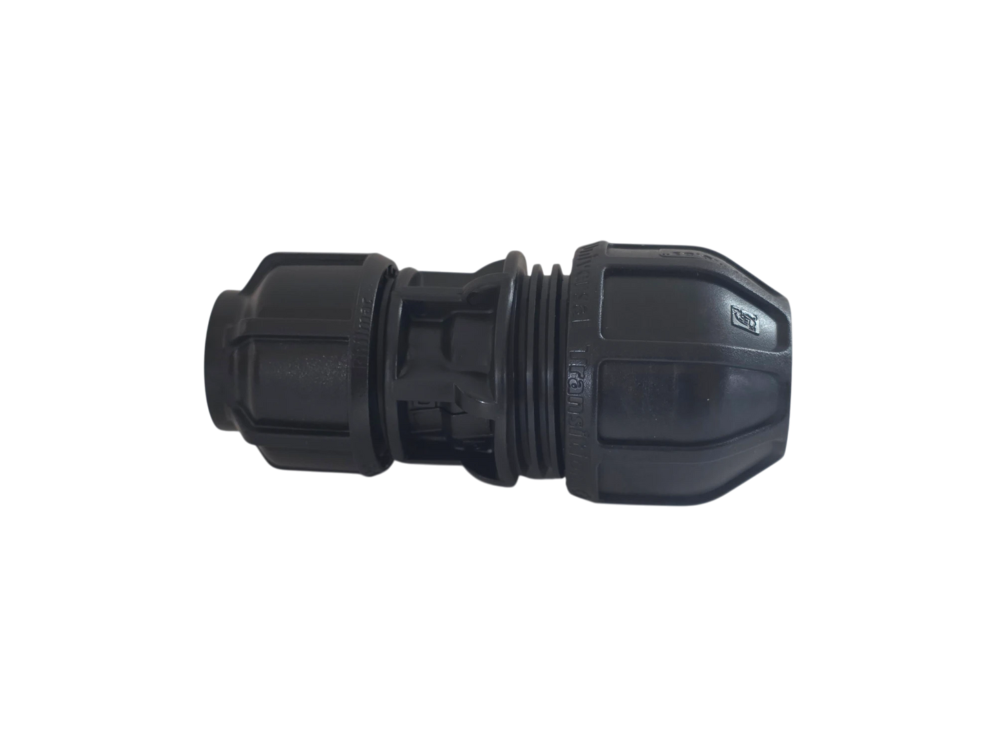 A black plastic threaded connector fitting, likely for irrigation or drainage tubing, shown against a plain white background.