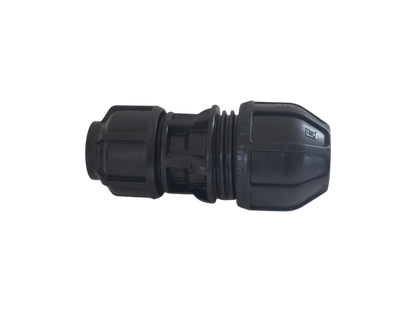 A black plastic threaded connector fitting, likely for irrigation or drainage tubing, shown against a plain white background.