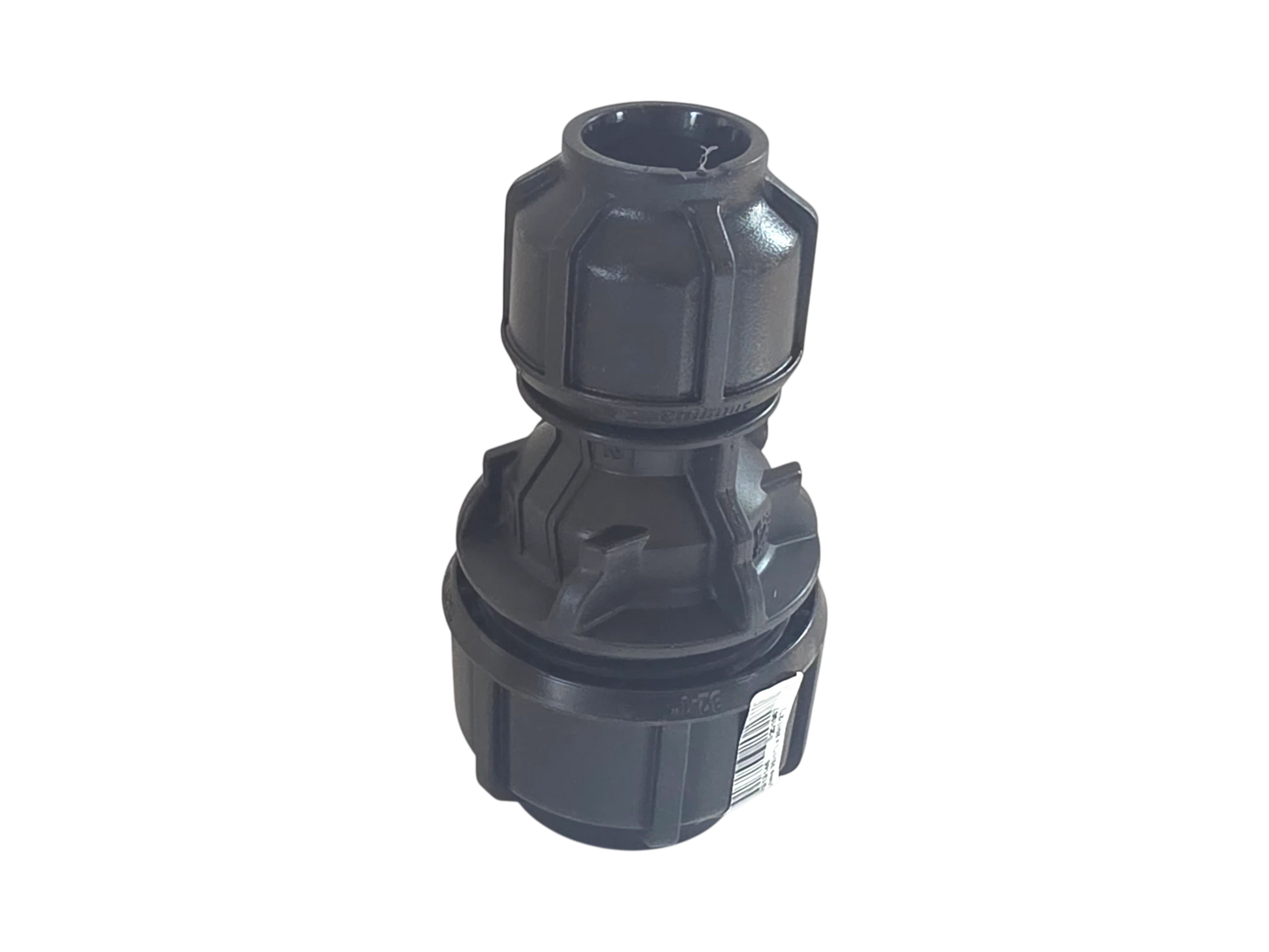 A black plastic threaded connector fitting with a ribbed collar design, shown on a plain white background.