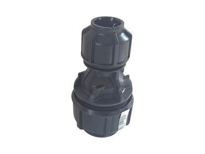 A black plastic threaded connector fitting with a ribbed collar design, shown on a plain white background.