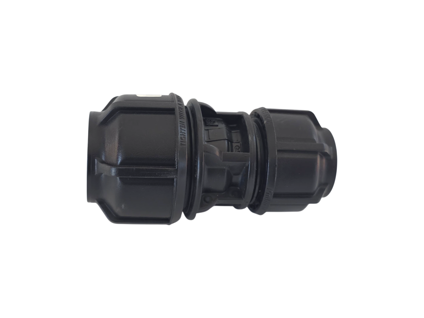 A black plastic electrical connector with molded details, isolated on a solid white background.