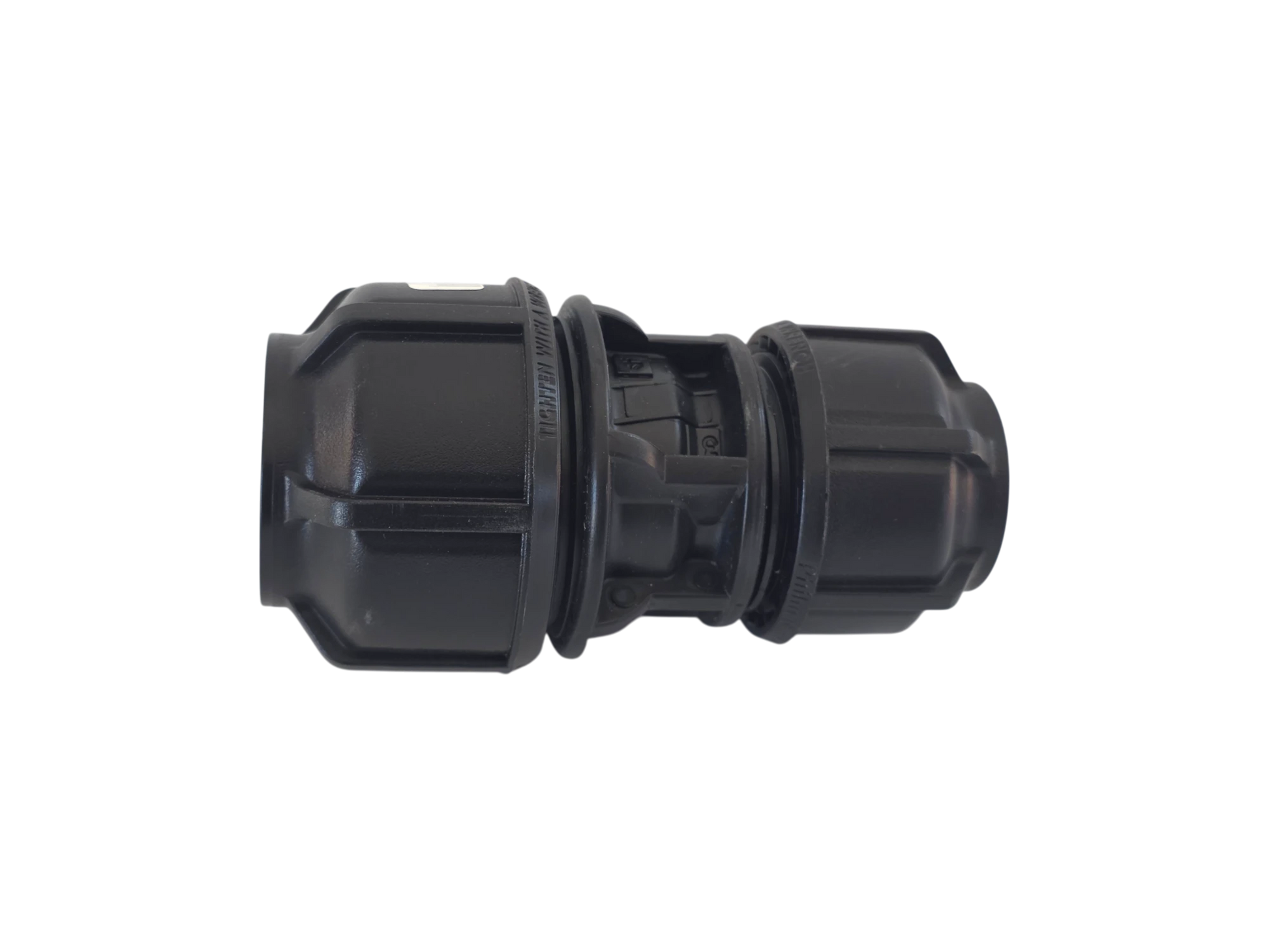 A black plastic electrical connector with molded details, isolated on a solid white background.